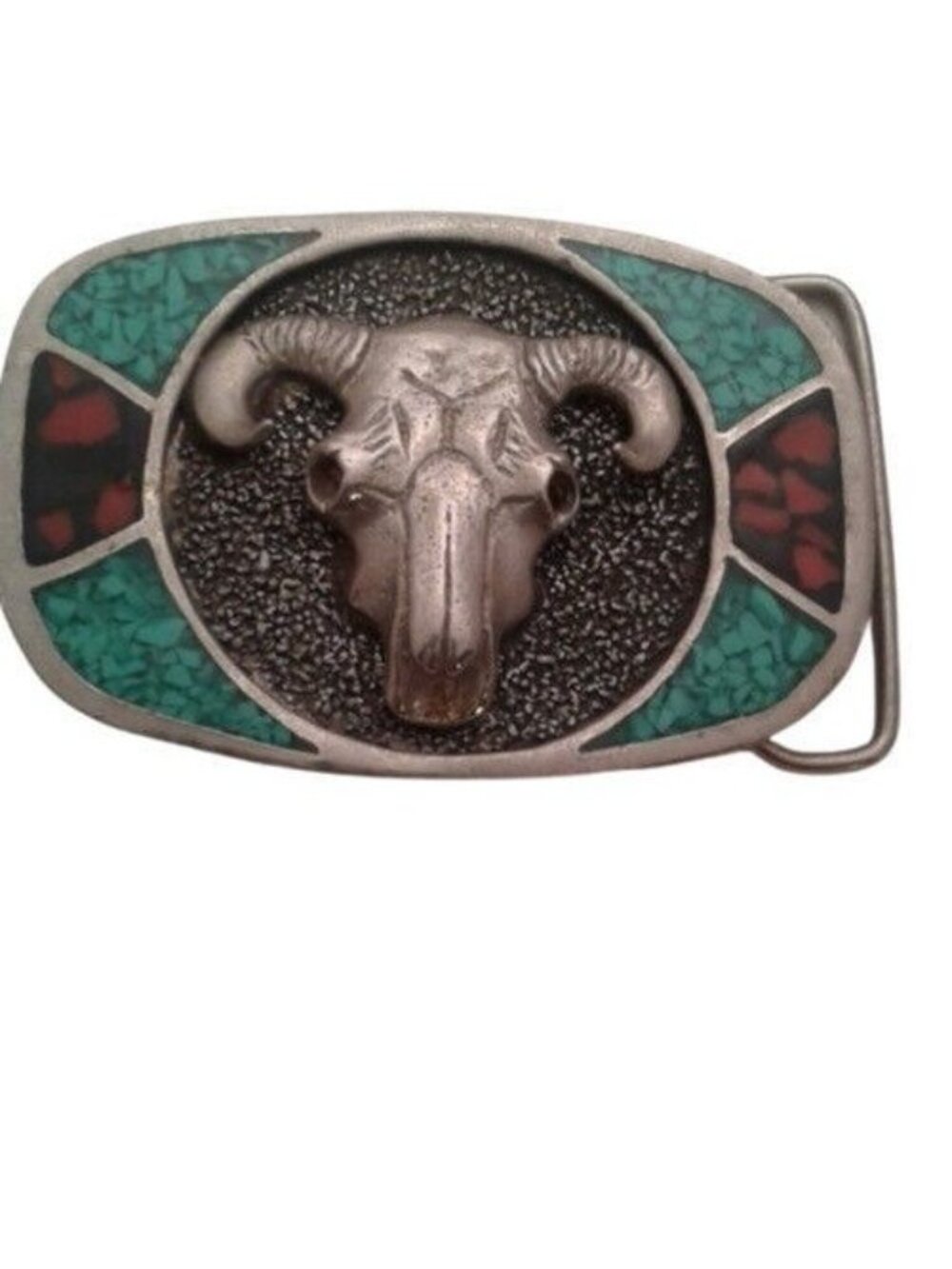 Ram Skull Belt Buckle Turquoise Red Coral Stone Inlay Western Design Vintage